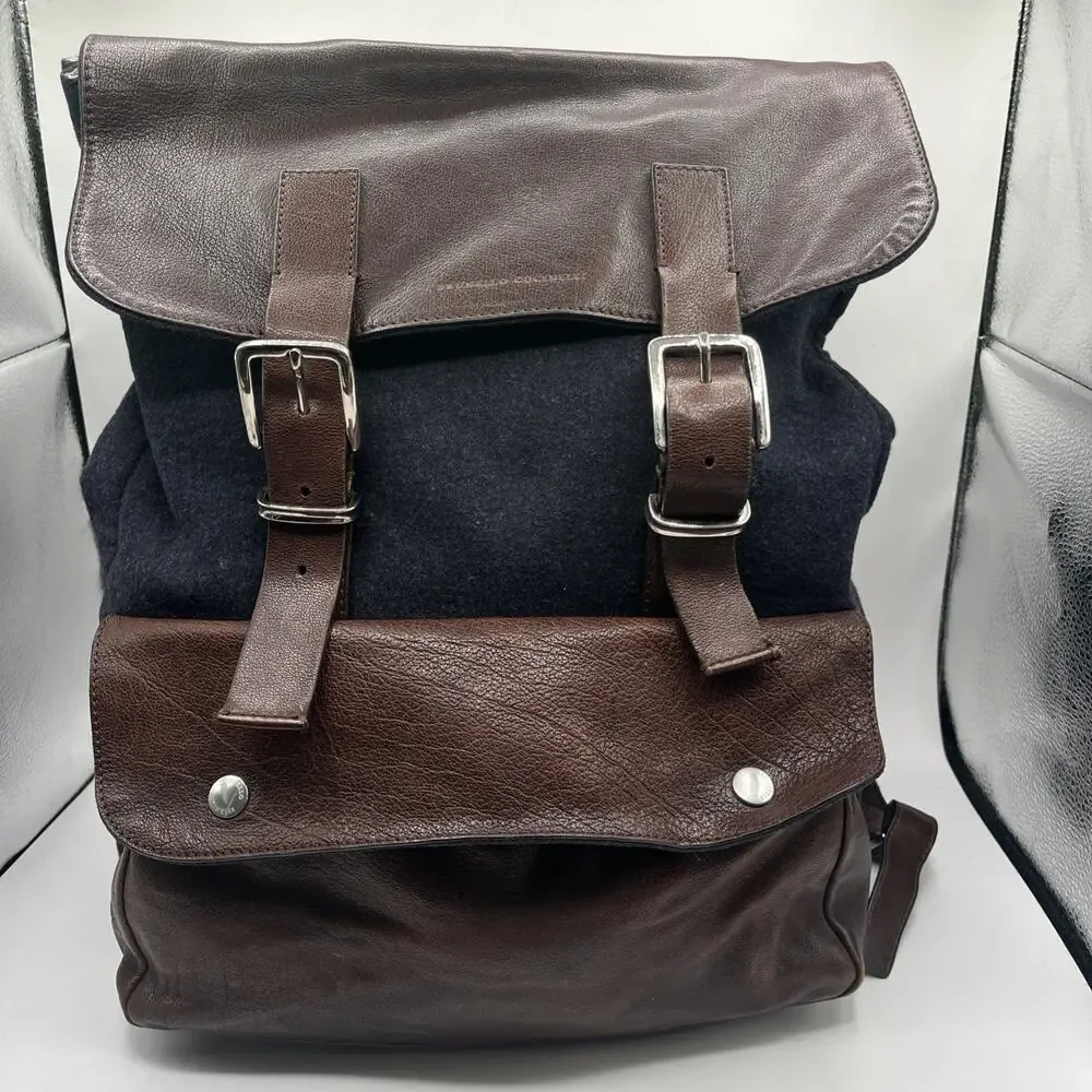 Brunello Cucinelli travel backpack Brown Leather Blue Wool Vintage Italy Rare